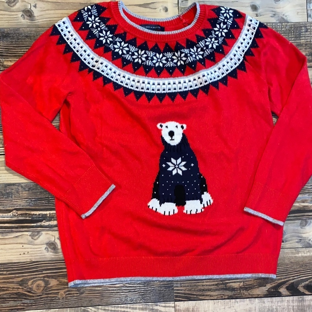 Tommy Hilfiger Fair Isle Festive Cozy Red Sweater with Polar Bear Design